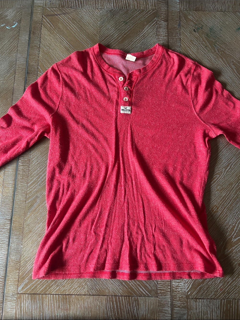 Mens Hollister Red Long Sleeve Henley fitted Tee